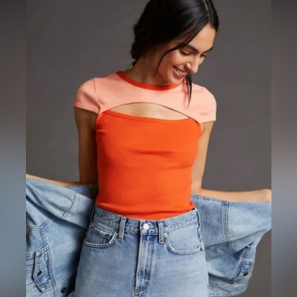 Anthropologie Orange and Pink Cutout Top